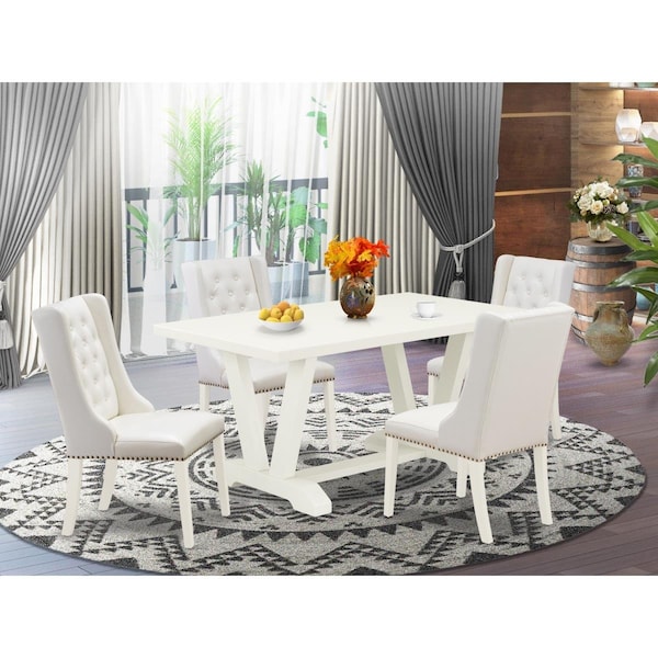 East West Furniture 5 Piece V-Style Dining Table Set - Linen White - V026FO244-5