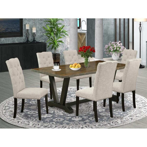 East West Furniture 7 Piece V-Style Dining Room Table Set - Doeskin - V677EL635-7