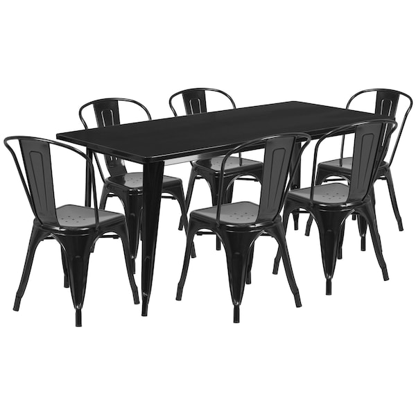 Flash Furniture Rectangle Black Metal Table Set, 31-1/2"X63", 31.5" W, 63" L, 29.5" H, Metal, Black - ET-CT005-6-30-BK-GG