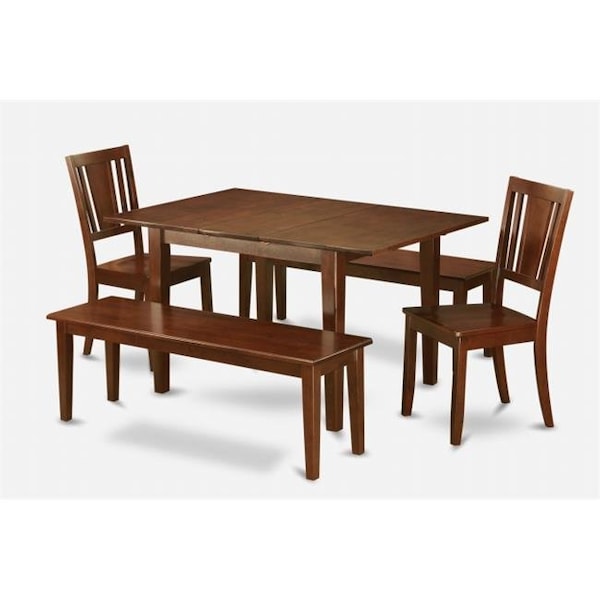 East West Furniture East West Furniture MLDU5D-MAH-W Milan 5PC Set with Rectangular Table featured 12 in butterfly leaf ; 2 Dudley Wood seat chairs and 2 52-in Long benches - MLDU5D-MAH-W