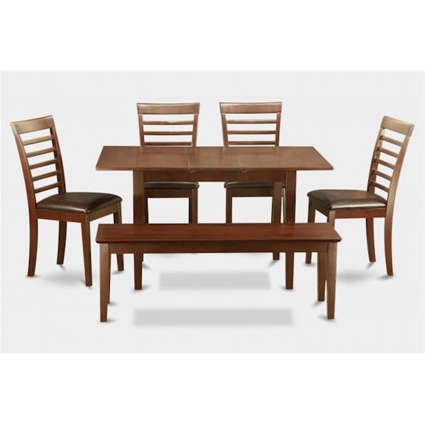 East West Furniture East West Furniture NOML6C-MAH-LC Norfolk 6PC Set with rectangular table with 12 in Butterfly Leaf and 4 Faux Leather Ladder Seat chairs plus one 51-in Long bench - NOML6C-MAH-LC