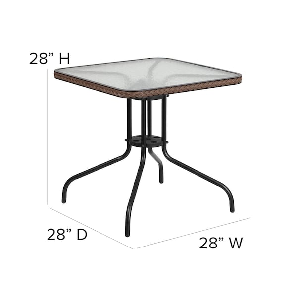 Flash Furniture Square Glass Table, Brown Rattan Edging, Sqr, 28", 28 W, 28 L, 28 H, Clear - TLH-073R-DK-BN-GG