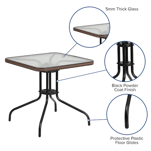 Flash Furniture Square Glass Table, Brown Rattan Edging, Sqr, 28", 28 W, 28 L, 28 H, Clear - TLH-073R-DK-BN-GG