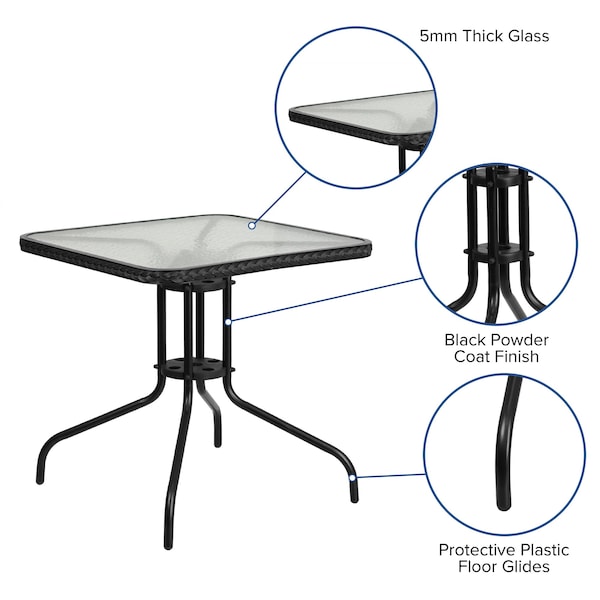 Flash Furniture Square Glass Table, Blk Rattan Edging, Sqr, 28", 28 W, 28 L, 28 H, Clear - TLH-073R-BK-GG