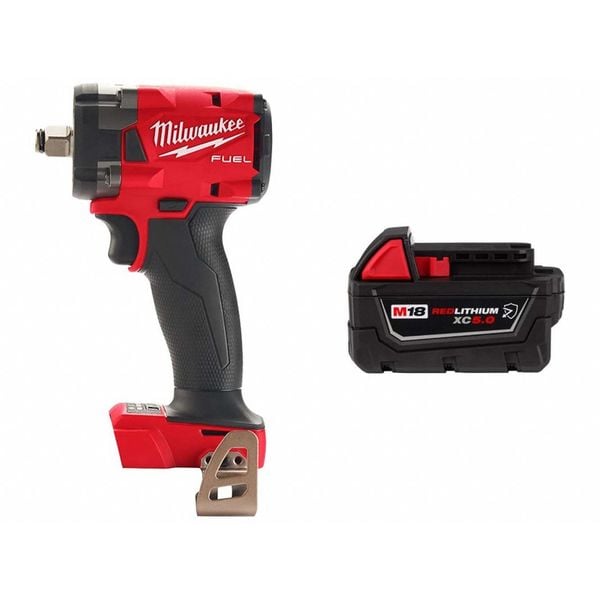 Milwaukee Tool Impact Wrench and Battery (5.0 Ah), Drive Size 1/2 in Square, 18 V - 2855-20, 48-11-1850R