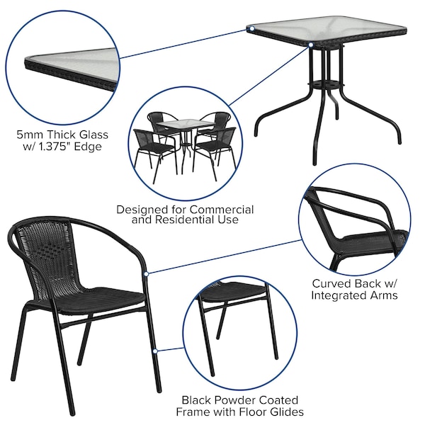 Flash Furniture Square Table Set, 28 W, 28 L, 28 H, Aluminum, Glass, Metal, Plastic, Rattan, Clear - TLH-073SQ-037BK4-GG