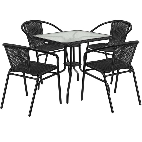 Flash Furniture Square Table Set, 28 W, 28 L, 28 H, Aluminum, Glass, Metal, Plastic, Rattan, Clear - TLH-073SQ-037BK4-GG