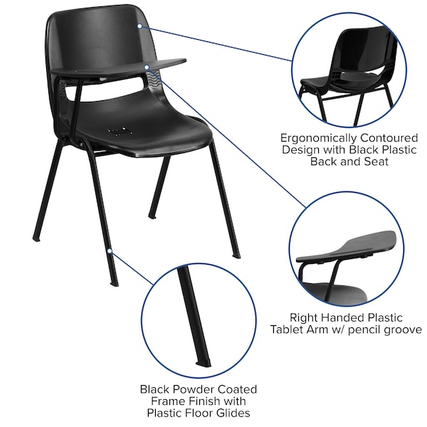 Flash Furniture Tablet Arm Chair, Right Hand Flip-Up, Blk, 21" W, 25.5" L, 32" H, Black - RUT-EO1-BK-RTAB-GG