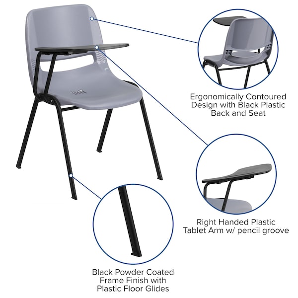 Flash Furniture Tablet Arm Chair, Right Hand Flip-Up, Gray, 21" W, 25.5" L, 32" H, Gray - RUT-EO1-GY-RTAB-GG
