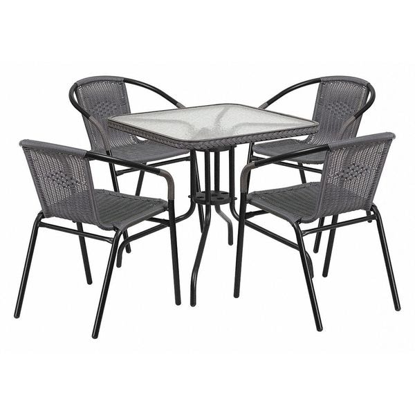 Flash Furniture Square Metal Table, Sqr w/Rattan Chairs, Gray, 28", 28 W, 28 L, 28 H, Clear - TLH-073SQ-037GY4-GG
