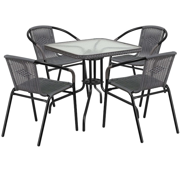 Flash Furniture Square Metal Table, Sqr w/Rattan Chairs, Gray, 28", 28 W, 28 L, 28 H, Clear - TLH-073SQ-037GY4-GG