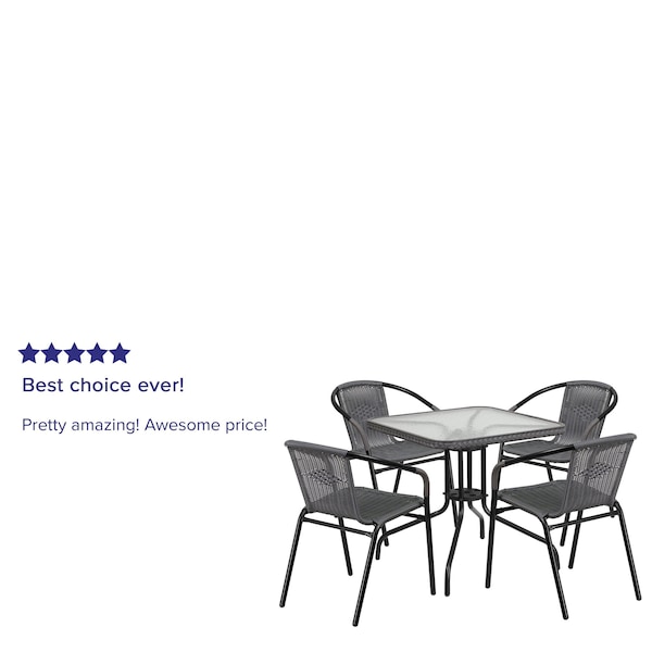 Flash Furniture Square Metal Table, Sqr w/Rattan Chairs, Gray, 28", 28 W, 28 L, 28 H, Clear - TLH-073SQ-037GY4-GG