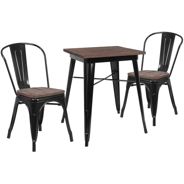 Flash Furniture Square Square Black Metal Table Set with Wood T, 26" W, 26" L, 30.25" H, Wood, Wood Grain - CH-WD-TBCH-15-GG