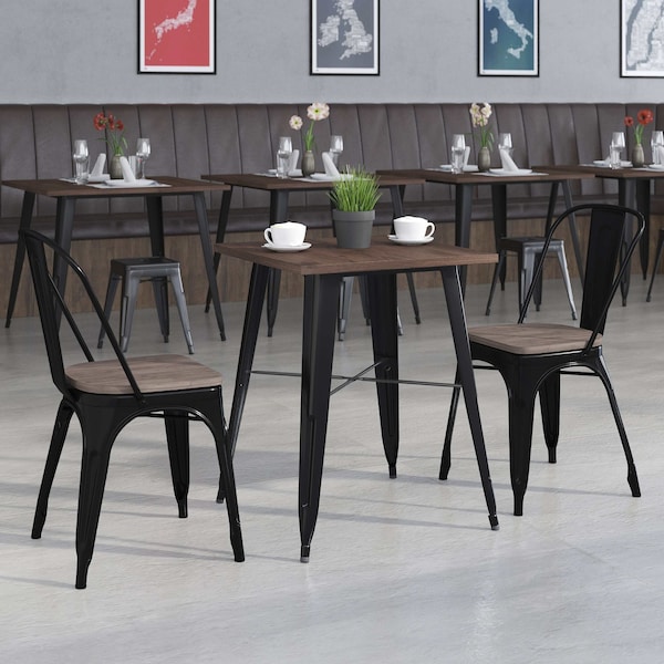 Flash Furniture Square Square Black Metal Table Set with Wood T, 26" W, 26" L, 30.25" H, Wood, Wood Grain - CH-WD-TBCH-15-GG
