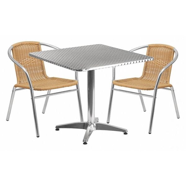Flash Furniture Square Table Set, 31.5 W, 31.5 L, 27.5 H, Aluminum, Plastic, Rattan, Stainless Steel, Grey - TLH-ALUM-32SQ-020BGECHR2-GG