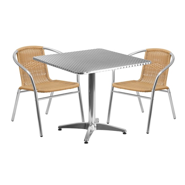 Flash Furniture Square Table Set, 31.5 W, 31.5 L, 27.5 H, Aluminum, Plastic, Rattan, Stainless Steel, Grey - TLH-ALUM-32SQ-020BGECHR2-GG