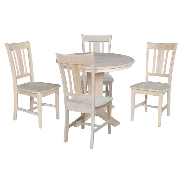 International Concepts 36 in. Solid Wood Round Top Dining Table with 4 Chairs, Unfinished - K-36RT-23B-C10-4