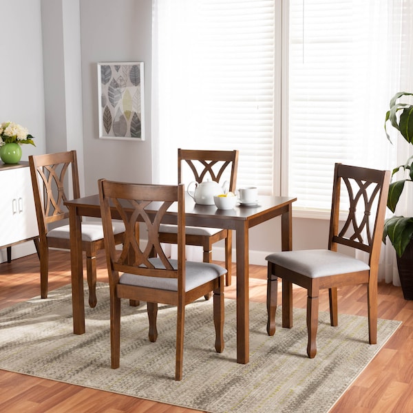 Baxton Studio Sefa Grey Upholstered and Walnut Wood 5-Piece Dining Set - 173-9882-8959