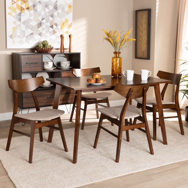 Baxton Studio Lois Light Beige Upholstered and Walnut Wood 5-Piece Dining Set - 167-10811-10807