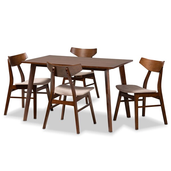 Baxton Studio Lois Light Beige Upholstered and Walnut Wood 5-Piece Dining Set - 167-10811-10807