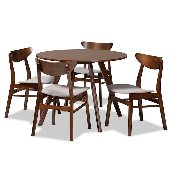 Baxton Studio Philip Light Grey Upholstered and Walnut Wood 5-Piece Dining Set - 167-10810-10808