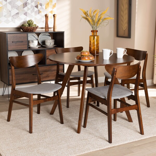 Baxton Studio Philip Light Grey Upholstered and Walnut Wood 5-Piece Dining Set - 167-10810-10808