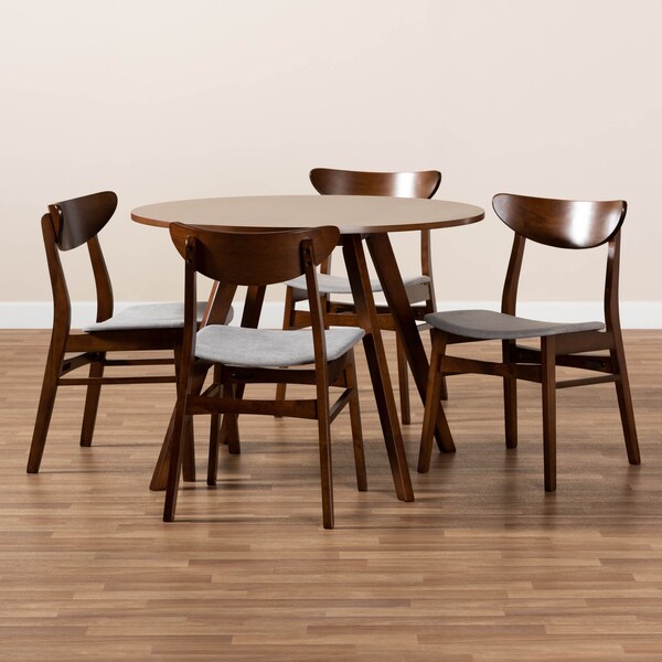 Baxton Studio Philip Light Grey Upholstered and Walnut Wood 5-Piece Dining Set - 167-10810-10808