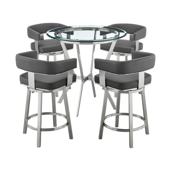 Armen Living Naomi and Lorin 5-Piece Counter Height Dining Set in Brushed Stainless Steel and Gray Faux Leather - SETNMLRGRBS5