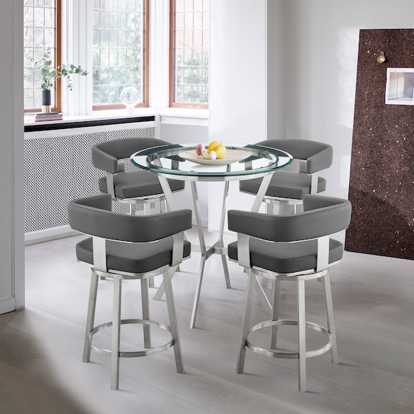 Armen Living Naomi and Lorin 5-Piece Counter Height Dining Set in Brushed Stainless Steel and Gray Faux Leather - SETNMLRGRBS5