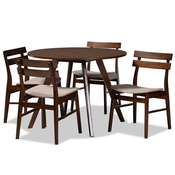 Baxton Studio Eiko Light Beige Upholstered and Walnut Wood 5-Piece Dining Set - 168-10815-10808