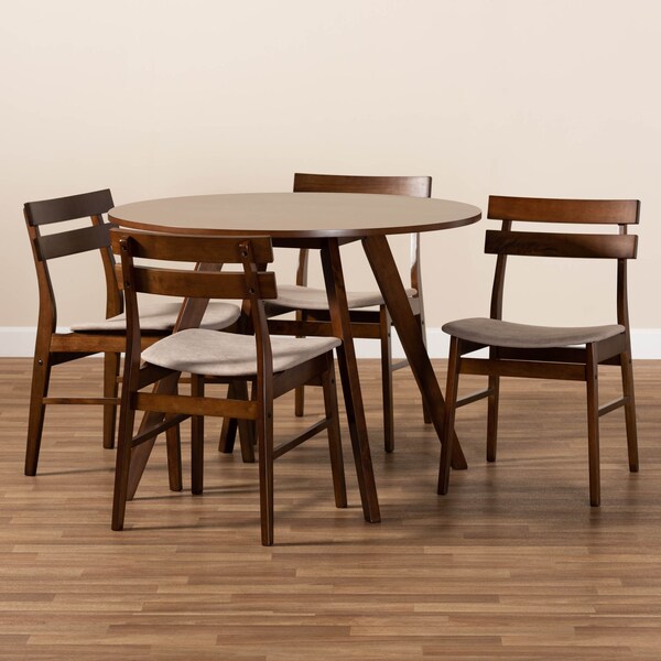 Baxton Studio Eiko Light Beige Upholstered and Walnut Wood 5-Piece Dining Set - 168-10815-10808