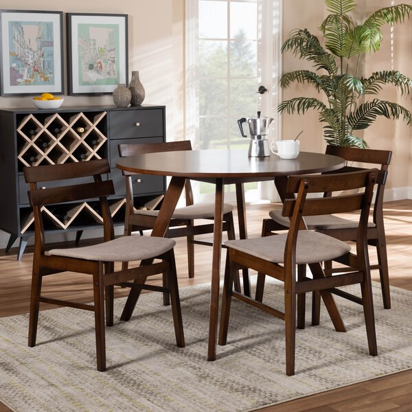 Baxton Studio Eiko Light Beige Upholstered and Walnut Wood 5-Piece Dining Set - 168-10815-10808