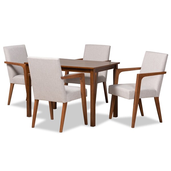 Baxton Studio Glenda Mid-Century Modern Greyish Beige Fabric and Walnut Brown Finished Wood 5-Piece Dining Set - 187-7364-8959-ZORO