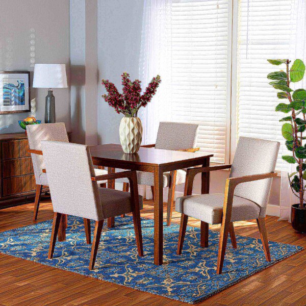 Baxton Studio Glenda Mid-Century Modern Greyish Beige Fabric and Walnut Brown Finished Wood 5-Piece Dining Set - 187-7364-8959-ZORO