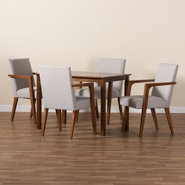 Baxton Studio Glenda Mid-Century Modern Greyish Beige Fabric and Walnut Brown Finished Wood 5-Piece Dining Set - 187-7364-8959-ZORO