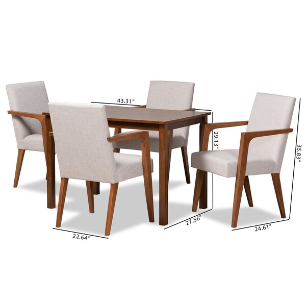 Baxton Studio Glenda Mid-Century Modern Greyish Beige Fabric and Walnut Brown Finished Wood 5-Piece Dining Set - 187-7364-8959-ZORO