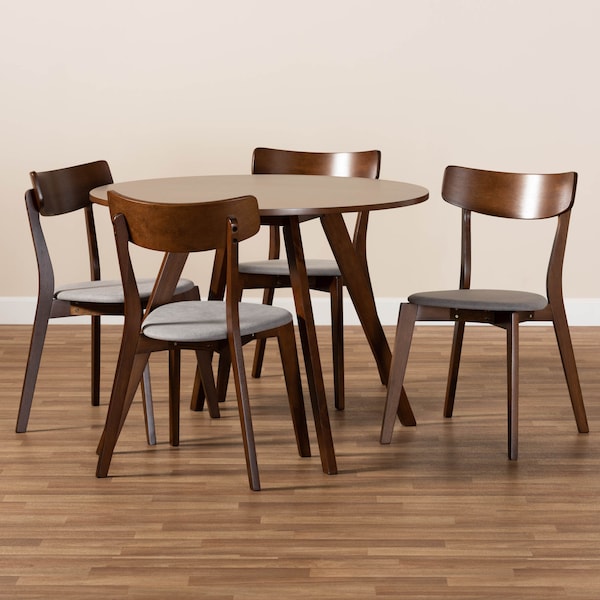 Baxton Studio Rika Light Grey Upholstered and Walnut Wood 5-Piece Dining Set - 168-10814-10808