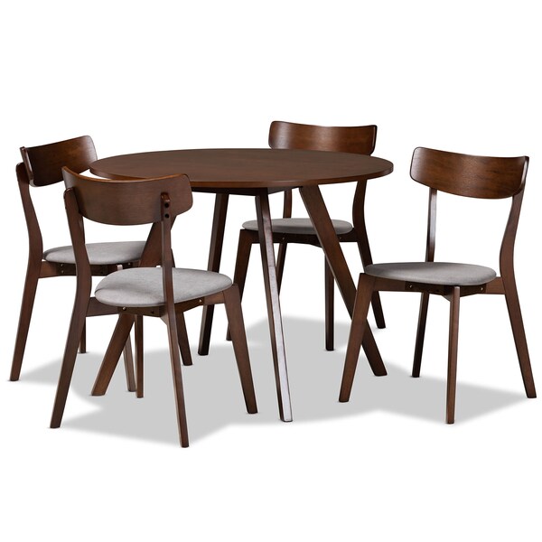 Baxton Studio Rika Light Grey Upholstered and Walnut Wood 5-Piece Dining Set - 168-10814-10808