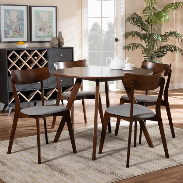 Baxton Studio Rika Light Grey Upholstered and Walnut Wood 5-Piece Dining Set - 168-10814-10808