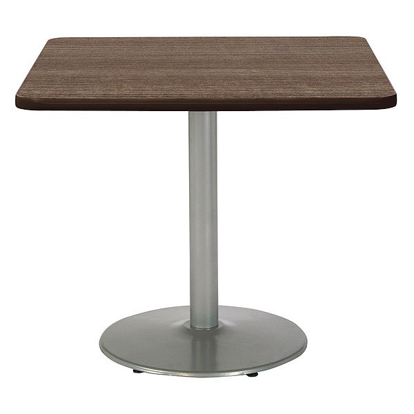 Kfi Square KFI Mode 42" Square Breakroom Table with Studio Teak Top, Round Silver Base, Counter Height - T42SQ-B1922-SL-7960K-31