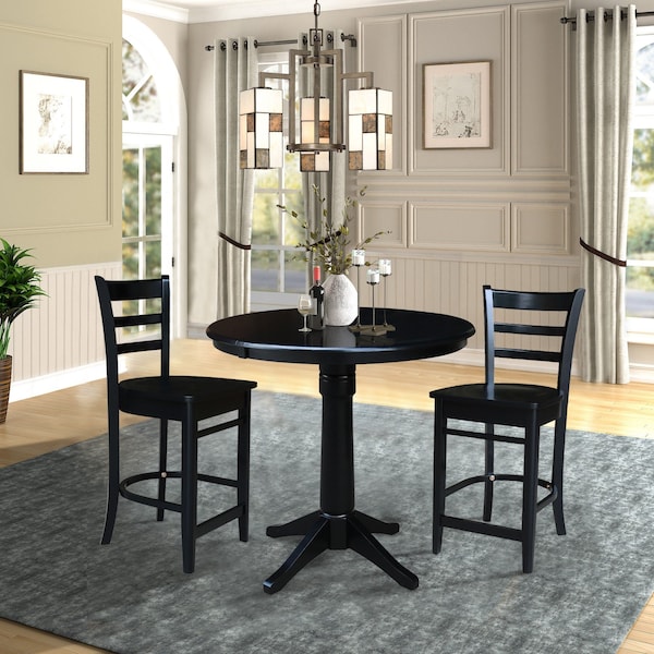 International Concepts 36 in. Solid Wood Round Top Pedestal Counter Height Dining Table with 2 Stools, Black - K46-36RT-27B-S6172-2