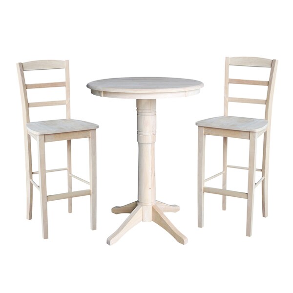 International Concepts Round 30 in Rd Pedestal Gathering Ht Table, 2 Madrid Bar Ht Stools, Unfinished, 30 in W, 30 in L - K-30RT-27B-S403-2