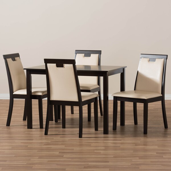 Baxton Studio Evelyn Beige Upholstered and Brown Finished 5-Piece Dining Set - 142-8033-8026