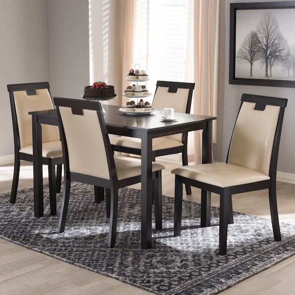 Baxton Studio Evelyn Beige Upholstered and Brown Finished 5-Piece Dining Set - 142-8033-8026