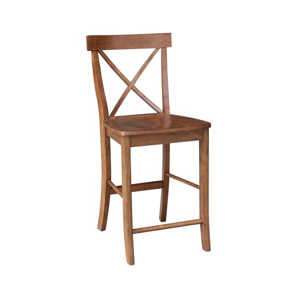 International Concepts Round 30 in Rd Ped Gathering Ht Table, 2 X-Back Stools, Distressed Oak, 30 in W, 30 in L, 35.1 in H - K42-30RT-6B-S6132-2