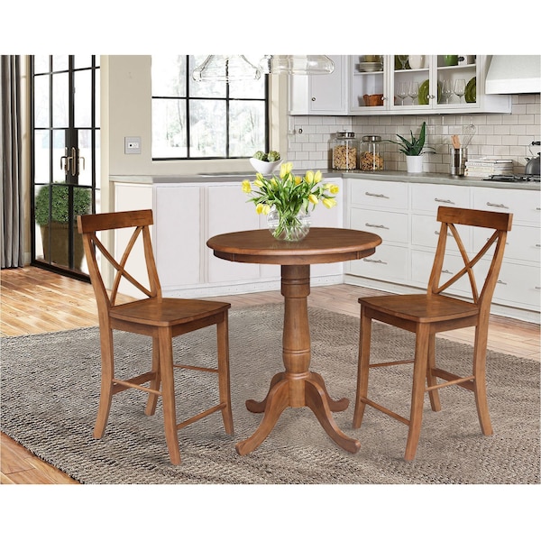 International Concepts Round 30 in Rd Ped Gathering Ht Table, 2 X-Back Stools, Distressed Oak, 30 in W, 30 in L, 35.1 in H - K42-30RT-6B-S6132-2