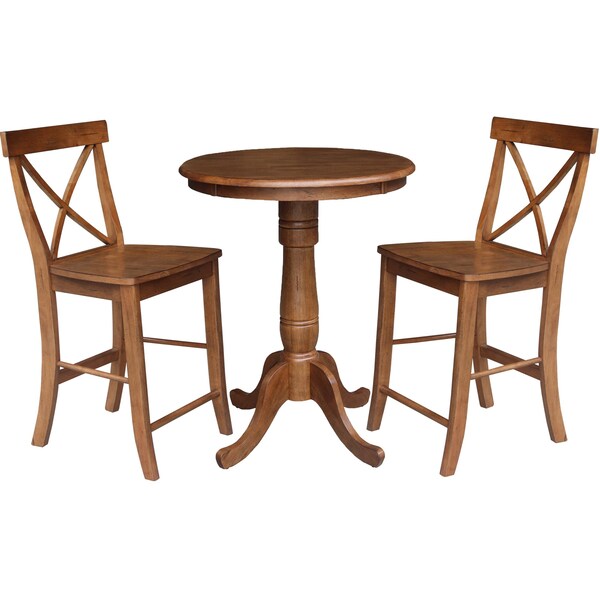 International Concepts Round 30 in Rd Ped Gathering Ht Table, 2 X-Back Stools, Distressed Oak, 30 in W, 30 in L, 35.1 in H - K42-30RT-6B-S6132-2