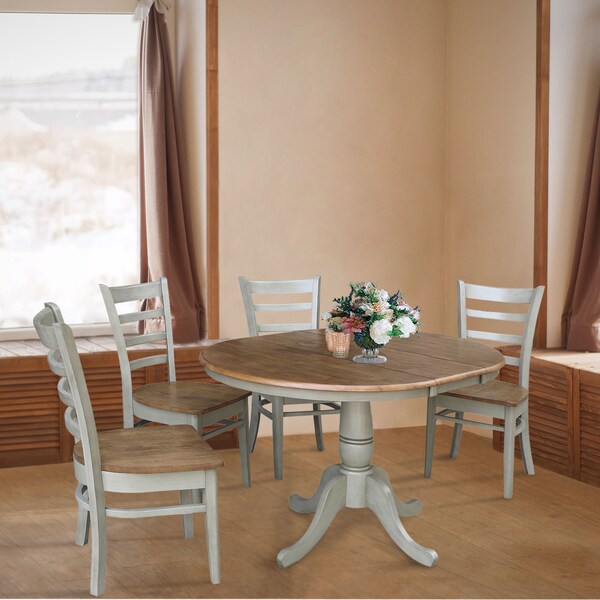 International Concepts Round 36 in Rd Extension Dining Table, 4 Emily Chairs, Hickory/Stone, 36 in W, 48 in L, 29.3 in H - K41-36RXT-C617-4