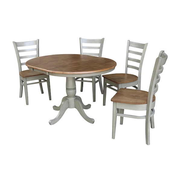 International Concepts Round 36 in Rd Extension Dining Table, 4 Emily Chairs, Hickory/Stone, 36 in W, 48 in L, 29.3 in H - K41-36RXT-C617-4