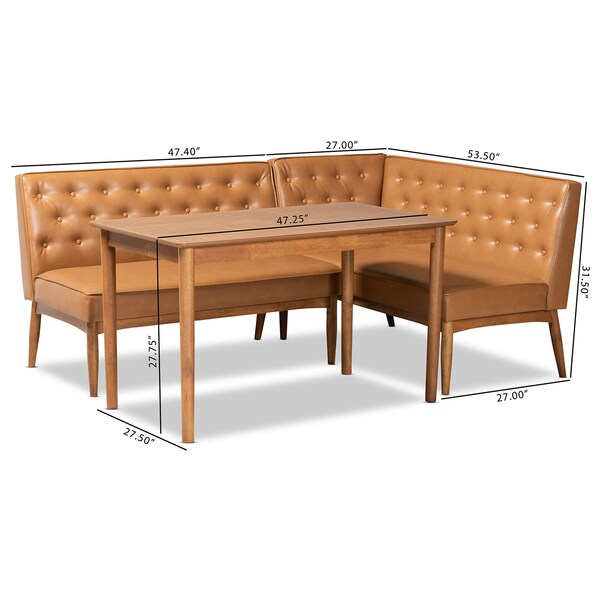 Baxton Studio Riordan Mid-Century Modern Tan Faux Leather and Walnut Brown Finished Wood 3-Piece Dining Nook Set - 186-11361-9305-ZORO
